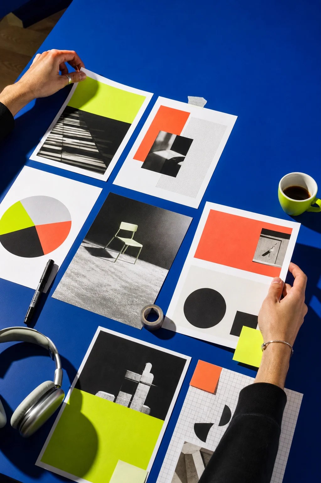 Hands arranging bold printed presentation pages on a blue creative worktable