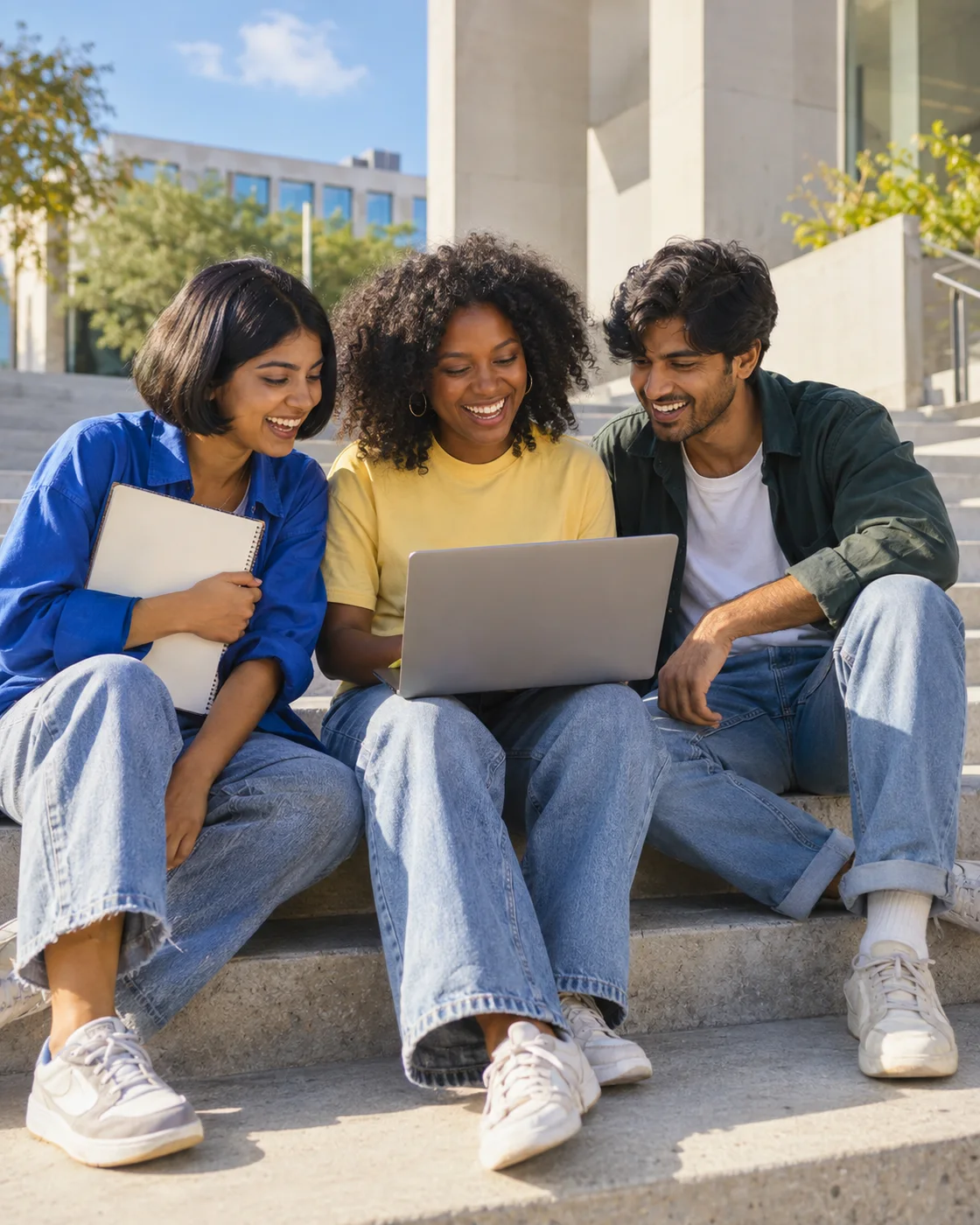 Conceptual image of three friends laughing together around a laptop on sunny outdoor steps